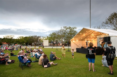 A marque lit up on the oval with an audience sitting on the grass watching the show.