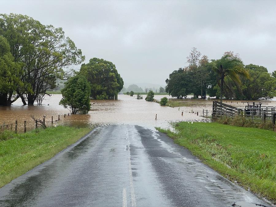 Corndale Road with flooding cutting off the roadway.