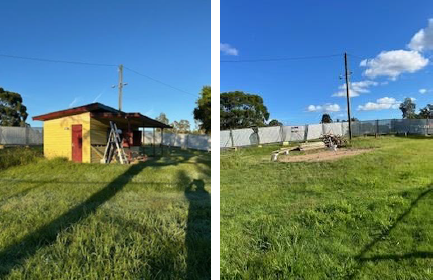 Before and after demolition of the shed structure.