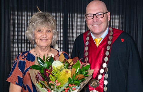 Mayor Krieg with 2024 Citizen of the Year Mieke Bell.