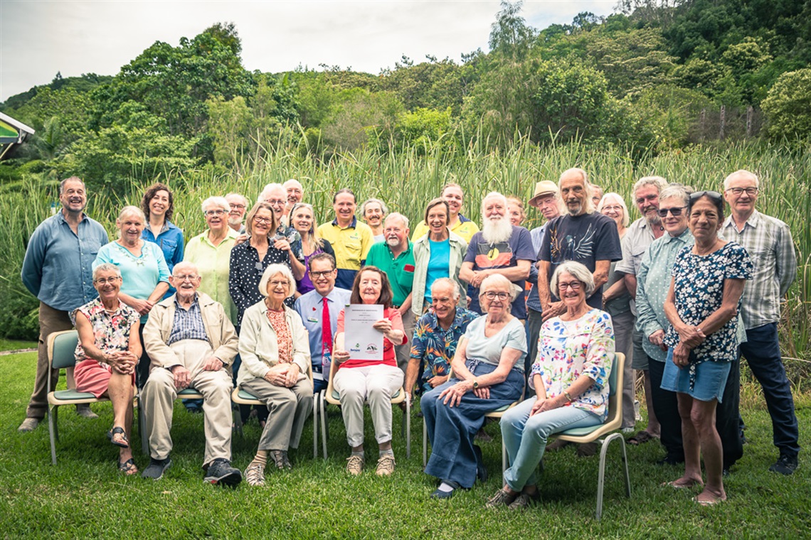 Friends of Lismore Rainforest Botanic Garden volunteers with Lismore City Council General Manager Jon Gibbons