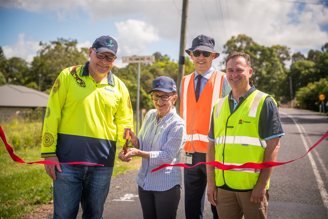 JOB DONE: From left, Lismore Mayor Cr Steve Krieg, State Member for Lismore Janelle Saffin, General Manager Jon Gibbons, and Transport for NSW representative Brad Crispin.