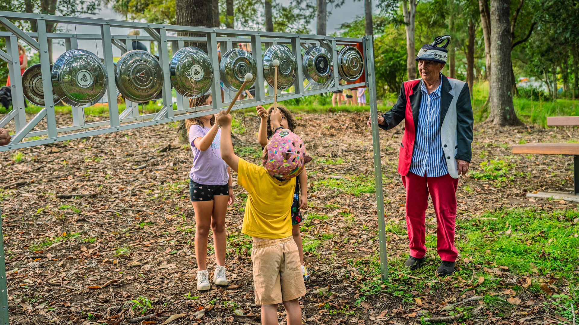 Families on the Nimbin Rainbow Walk.