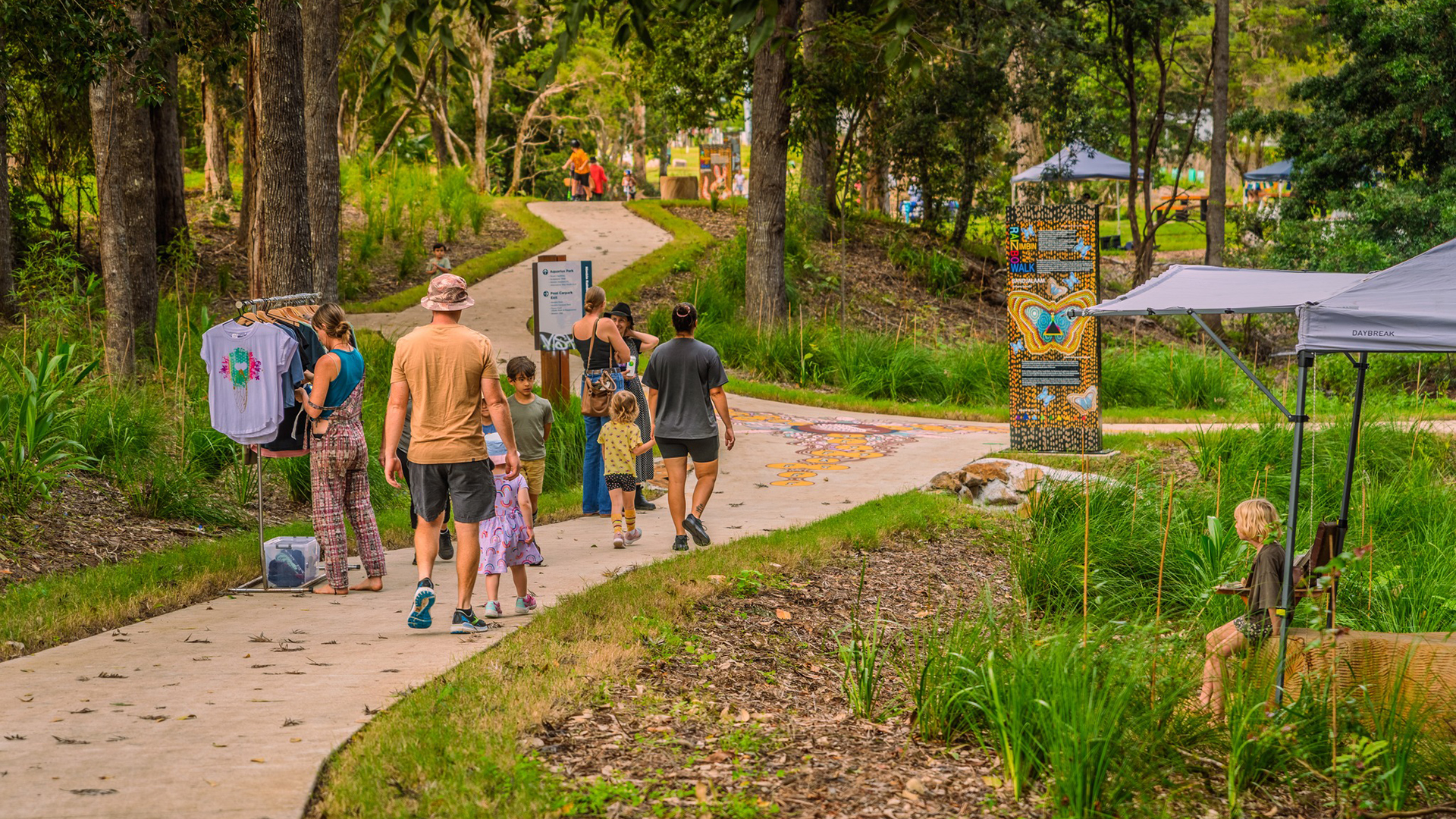 Families on the Nimbin Rainbow Walk.